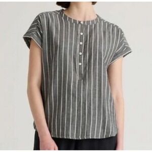 Quince Womens Striped Henley Top XS Gauzy Relaxed Fit Short Sleeve Gray White
